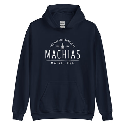 Cute Machias Maine Sweatshirt - Region Icon Hoodie (Moose, Sailboat, or Pine Tree)