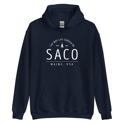 Cute Saco Maine Sweatshirt - Region Icon Hoodie (Moose, Sailboat, or Pine Tree)