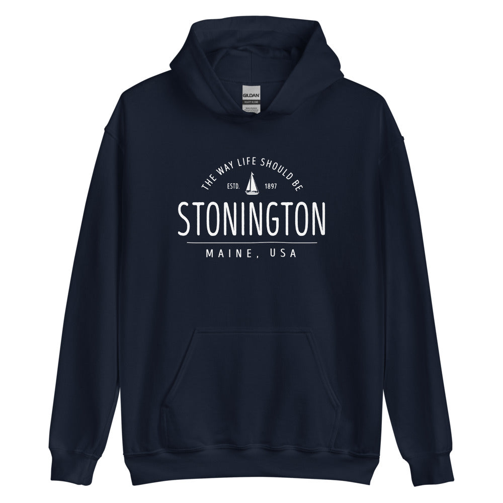 Cute Stonington Maine Sweatshirt - Region Icon Hoodie (Moose, Sailboat, or Pine Tree)