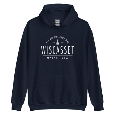 Cute Wiscasset Maine Sweatshirt - Region Icon Hoodie (Moose, Sailboat, or Pine Tree)