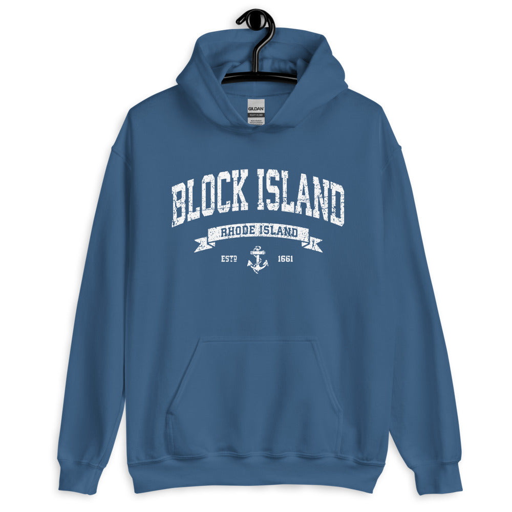 Distressed Vintage Block Island Hoodie Hooded Sweatshirt. Est Date and Nautical Anchor Rhode Island Sweater