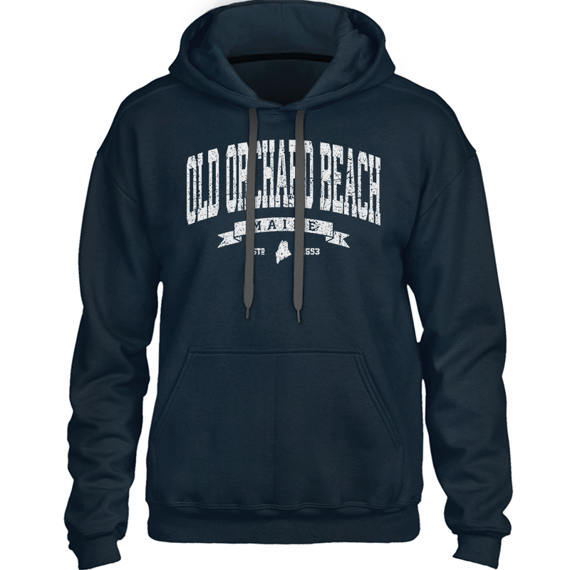Distressed Vintage Old Orchard Beach Sweatshirt - Maine State Icon with Banner & Established Date - Heavy & Warm Hooded Sweatshirt (Unisex Hoodie) - 207 Threads