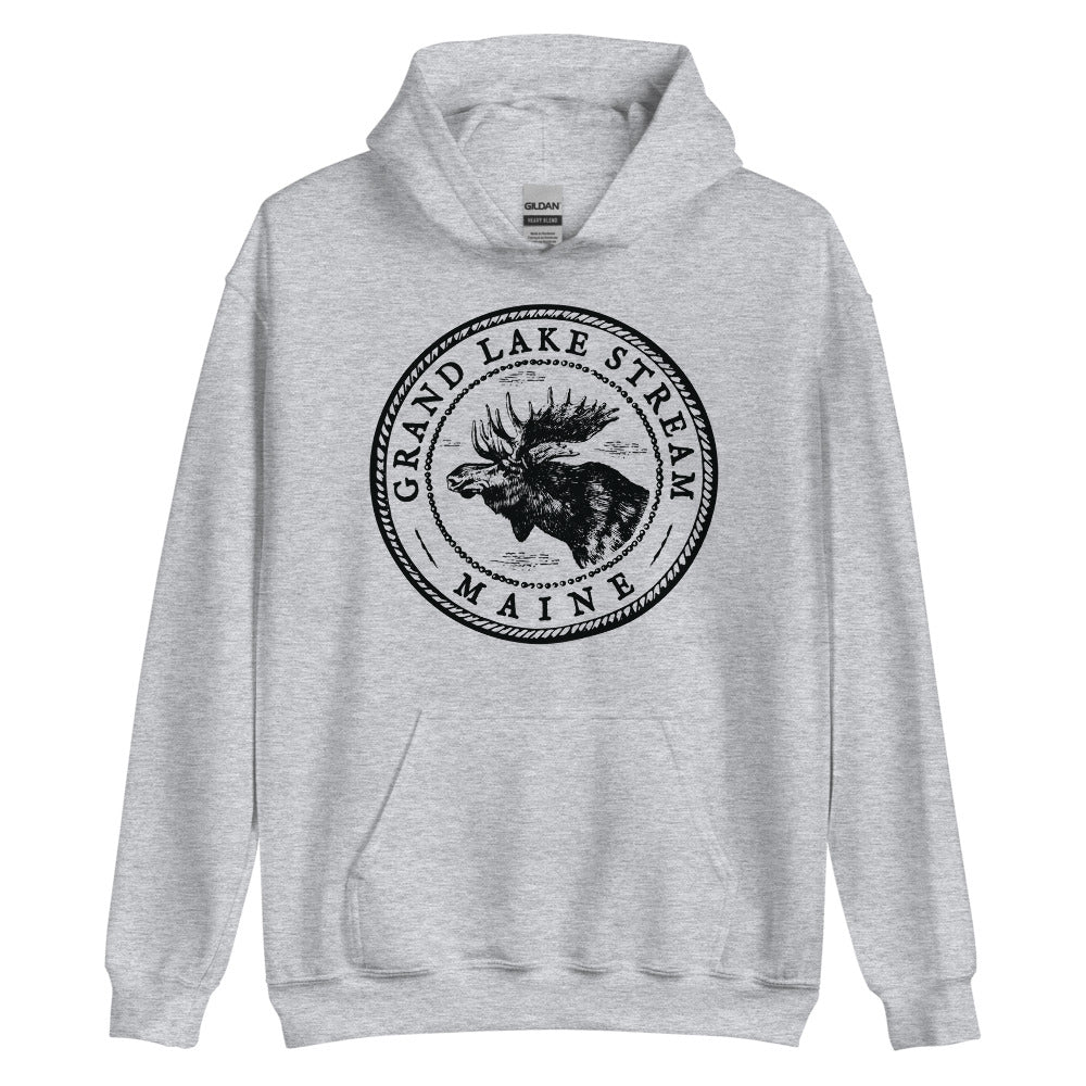 Grand Lake Stream Moose Sweatshirt | Vintage Maine Moose Art Hoodie