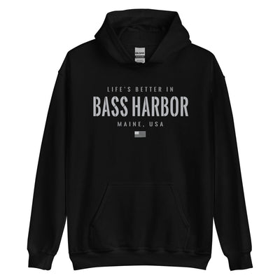 Life is Better at Bass Harbor, Maine Hoodie, Gray on Black Hooded Sweatshirt for Men & Women