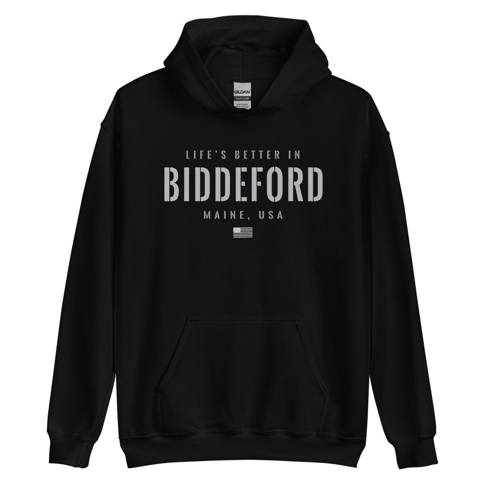 Life is Better at Biddeford, Maine Hoodie, Gray on Black Hooded Sweatshirt for Men & Women