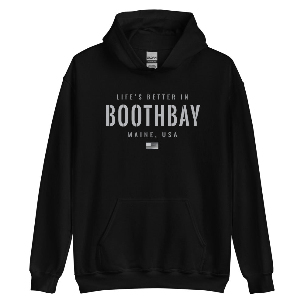 Life is Better at Boothbay, Maine Hoodie, Gray on Black Hooded Sweatshirt for Men & Women
