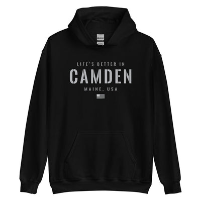 Life is Better at Camden, Maine Hoodie, Gray on Black Hooded Sweatshirt for Men & Women
