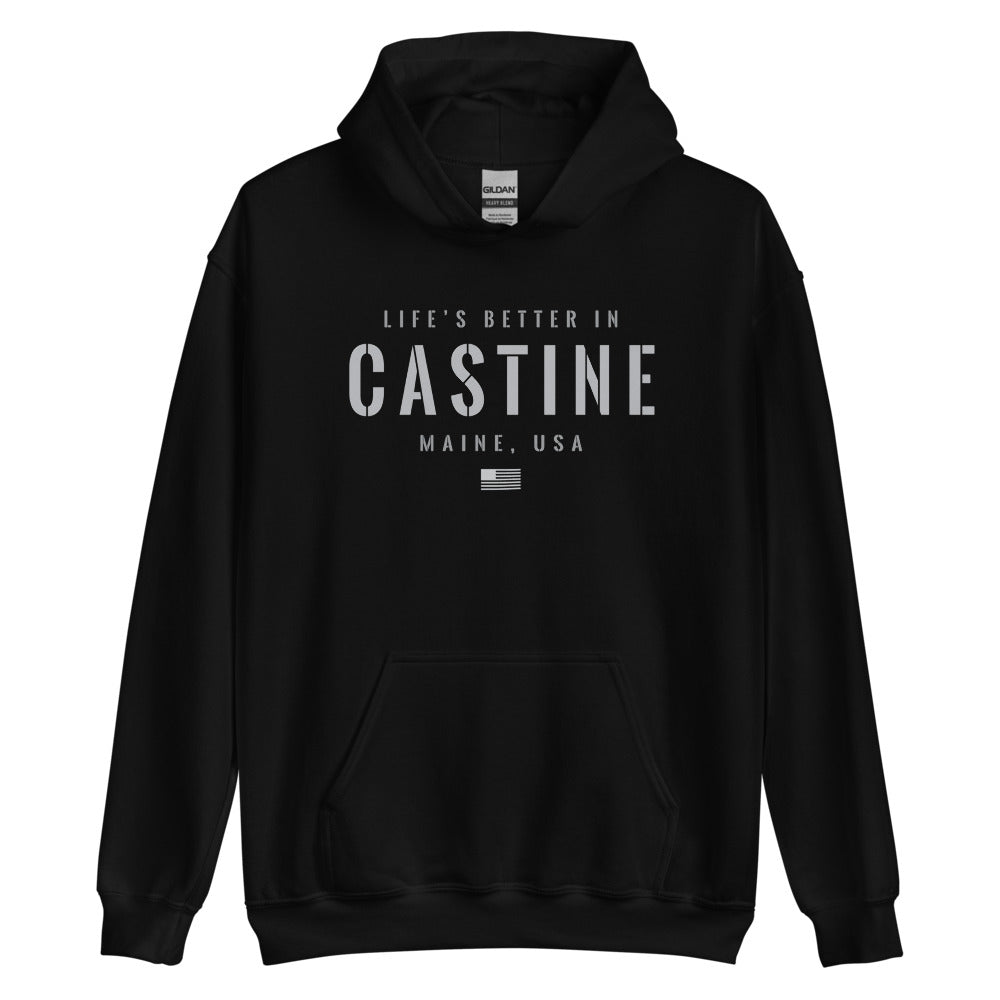 Life is Better at Castine, Maine Hoodie, Gray on Black Hooded Sweatshirt for Men & Women
