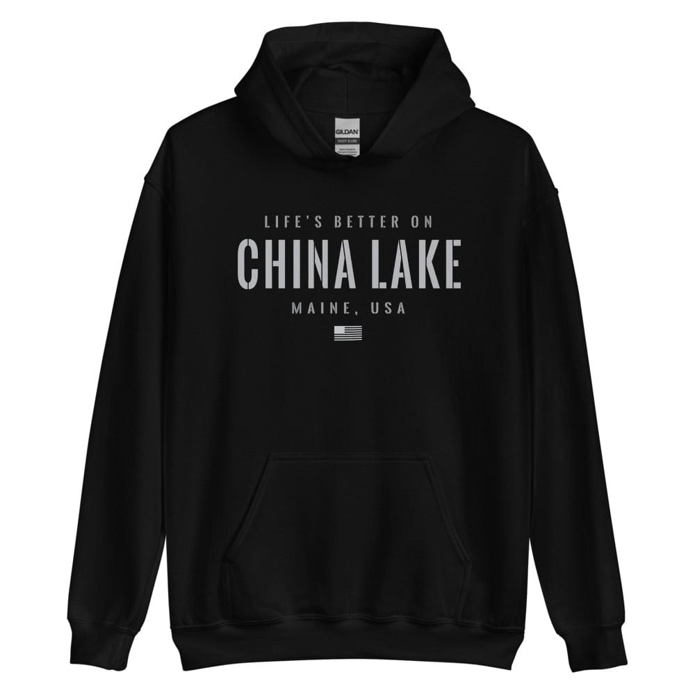 Life is Better at China Lake, Maine Hoodie, Gray on Black Hooded Sweatshirt for Men & Women