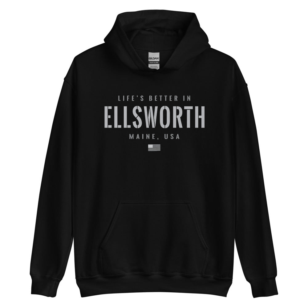 Life is Better at Ellsworth, Maine Hoodie, Gray on Black Hooded Sweatshirt for Men & Women