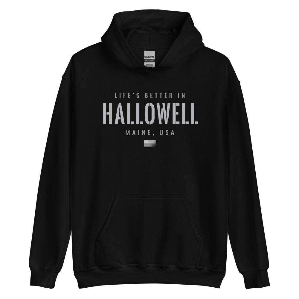 Life is Better at Hallowell, Maine Hoodie, Gray on Black Hooded Sweatshirt for Men & Women