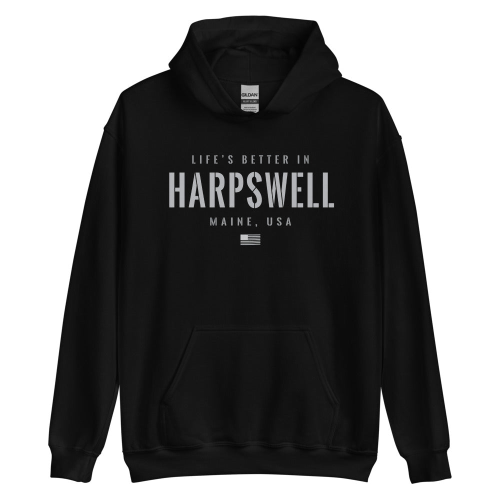 Life is Better at Harpswell, Maine Hoodie, Gray on Black Hooded Sweatshirt for Men & Women