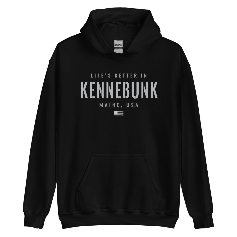 Life is Better at Kennebunk, Maine Hoodie, Gray on Black Hooded Sweatshirt for Men & Women