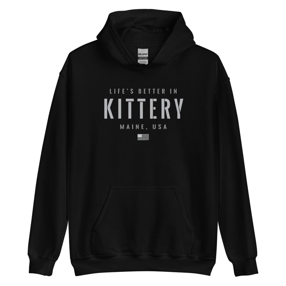 Life is Better at Kittery, Maine Hoodie, Gray on Black Hooded Sweatshirt for Men & Women