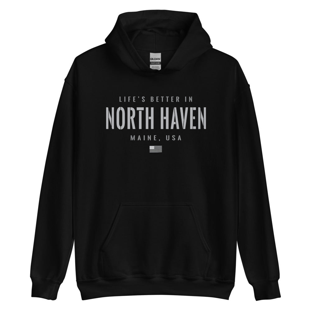 Life is Better at North Haven, Maine Hoodie, Gray on Black Hooded Sweatshirt for Men & Women