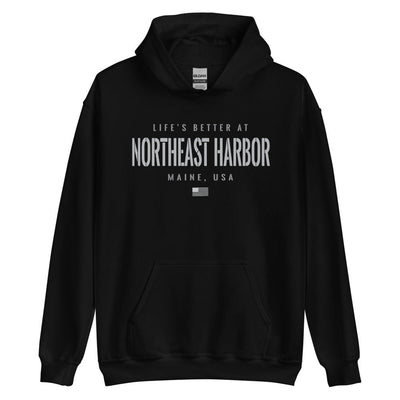 Life is Better at Northeast Harbor, Maine Hoodie, Gray on Black Hooded Sweatshirt for Men & Women
