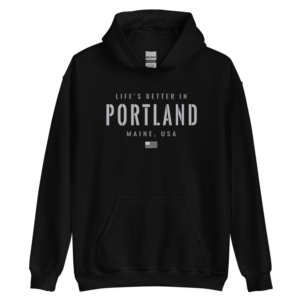 Life is Better at Portland, Maine Hoodie, Gray on Black Hooded Sweatshirt for Men & Women