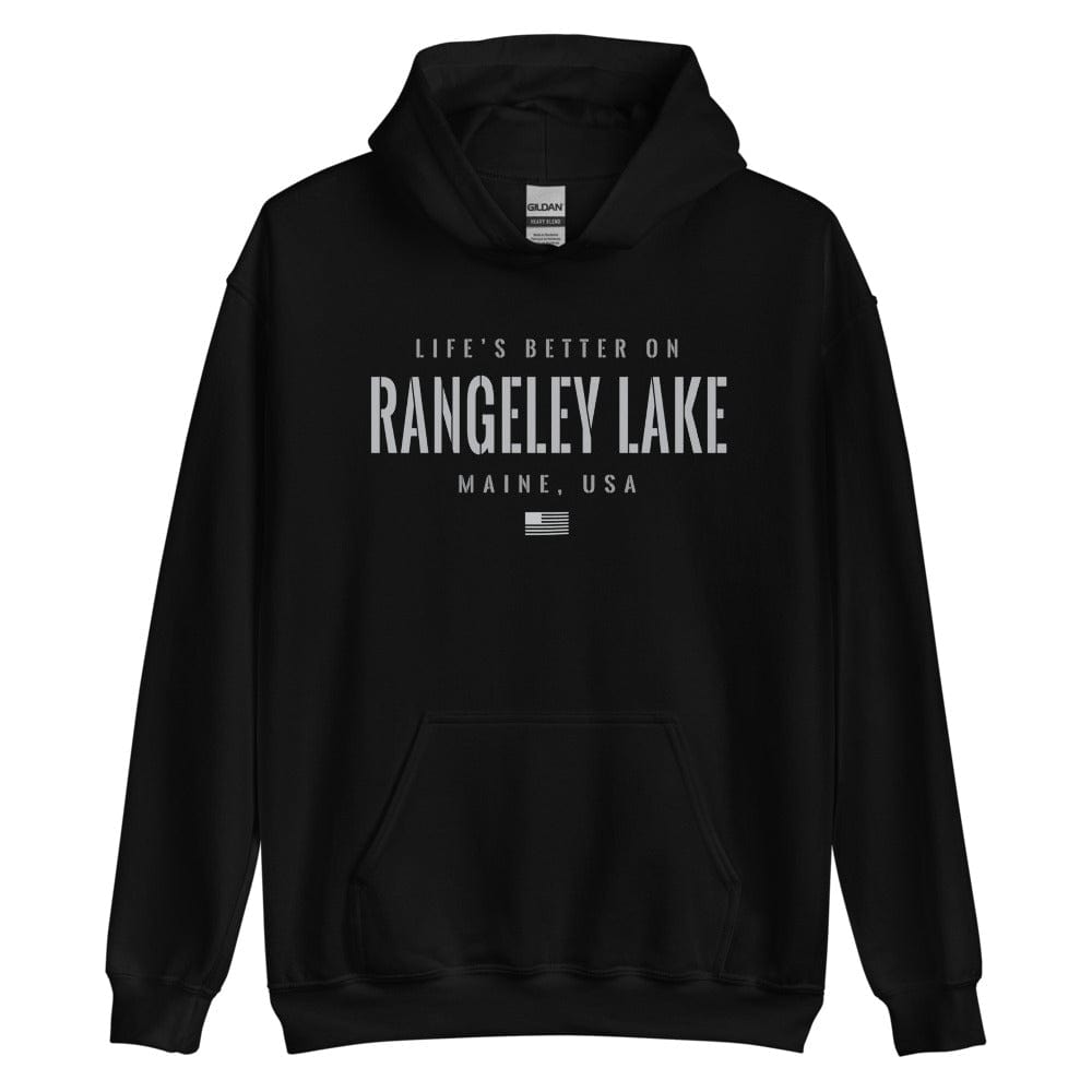 Life is Better at Rangeley Lake, Maine Hoodie, Gray on Black Hooded Sweatshirt for Men & Women
