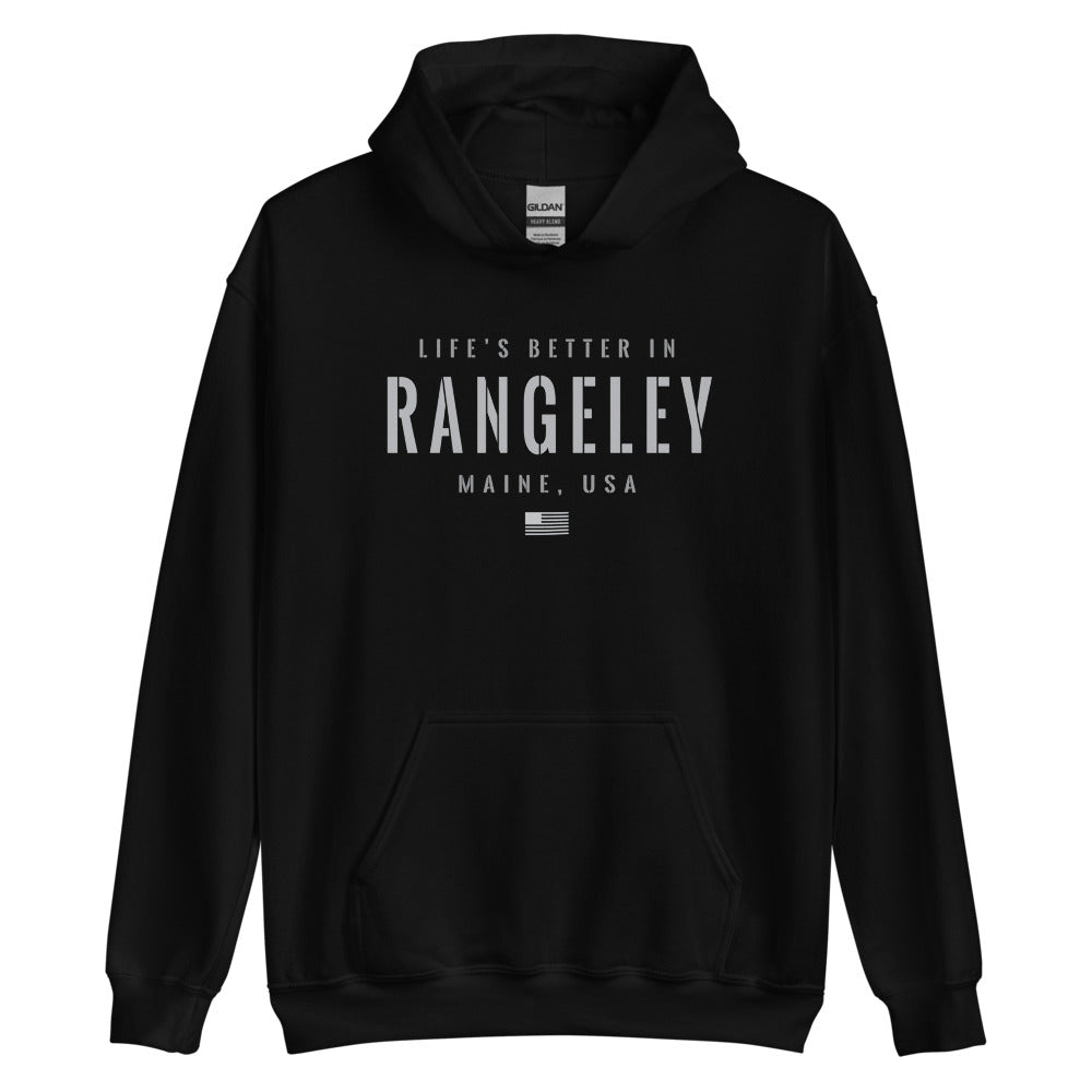 Life is Better at Rangeley, Maine Hoodie, Gray on Black Hooded Sweatshirt for Men & Women