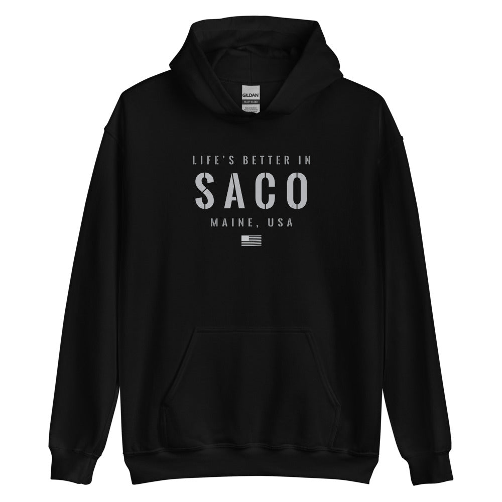 Life is Better at Saco, Maine Hoodie, Gray on Black Hooded Sweatshirt for Men & Women