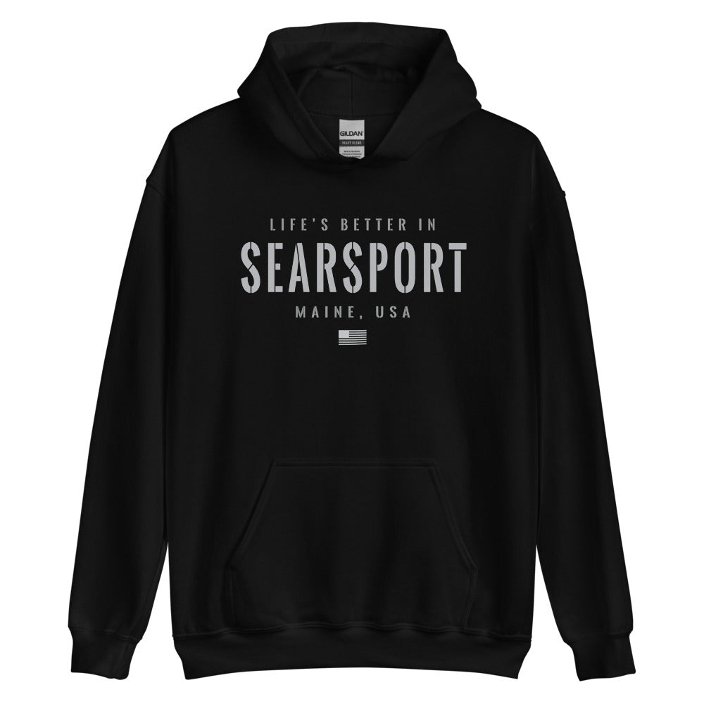 Life is Better at Searsport, Maine Hoodie, Gray on Black Hooded Sweatshirt for Men & Women