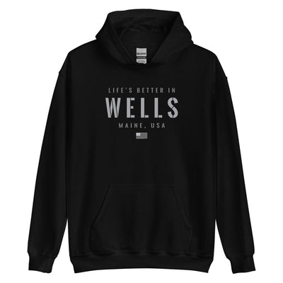 Life is Better at Wells, Maine Hoodie, Gray on Black Hooded Sweatshirt for Men & Women