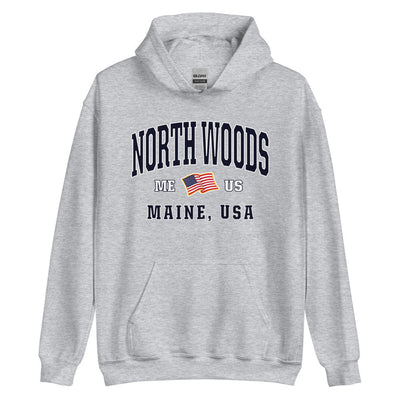 Patriotic North Woods Hoodie - USA Flag North Woods, Maine 4th of July Sweatshirt