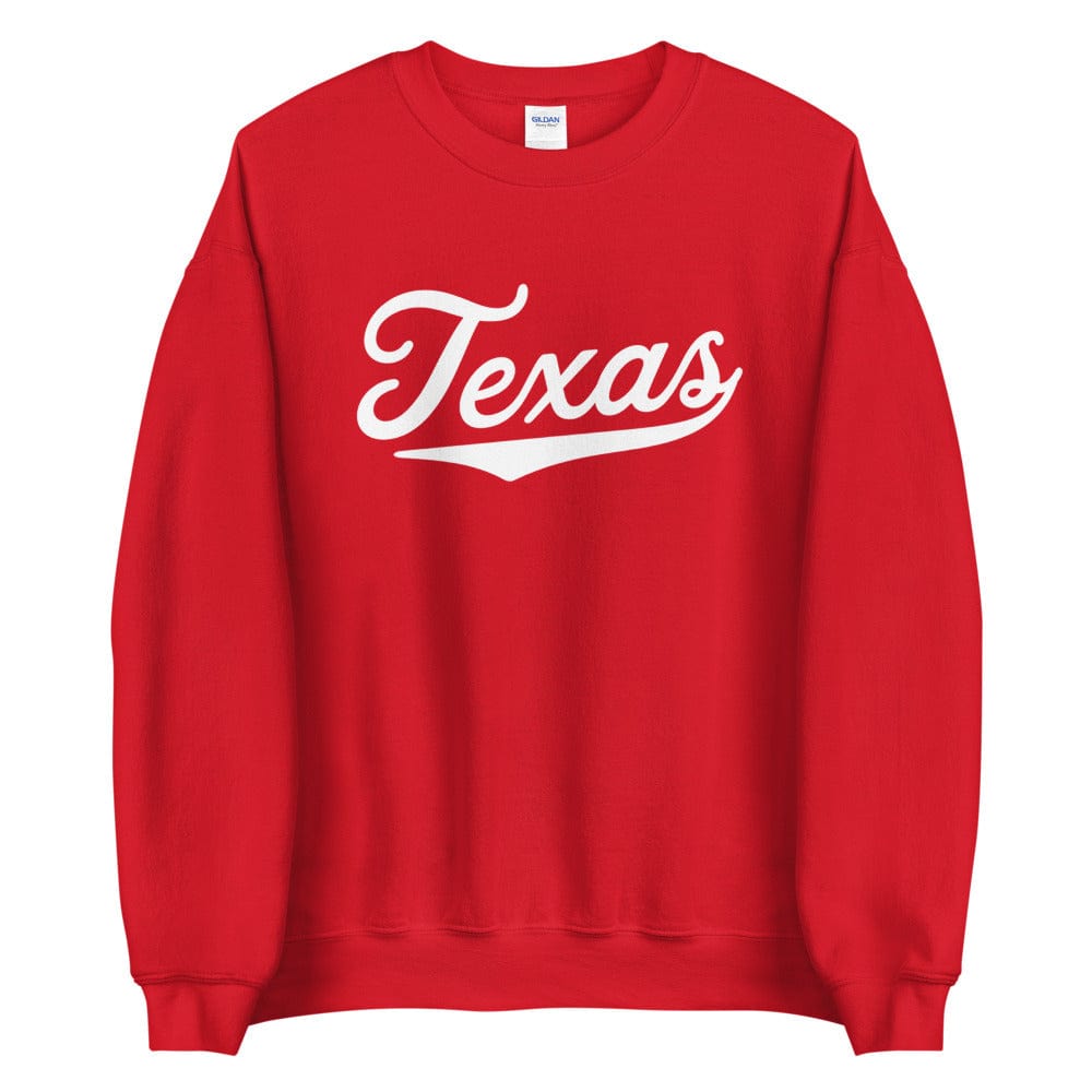 Super Comfy Red Women's Texas Sweatshirt Crew Neck | TX Texas Baseball Script Logo