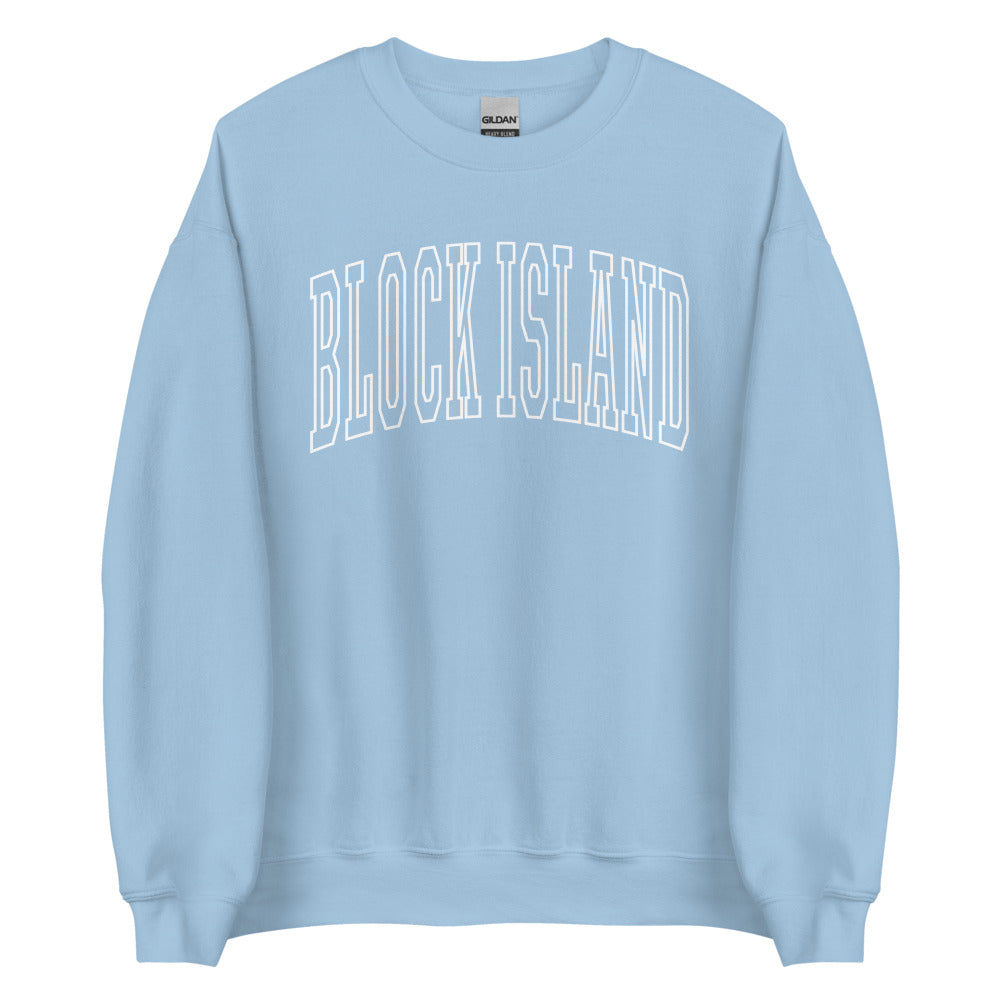 Trendy Block Island Sweatshirt Crew | Block Island Rhode Island Crewneck Sweatshirt with Preppy College Varsity Sports Outline Block Letters