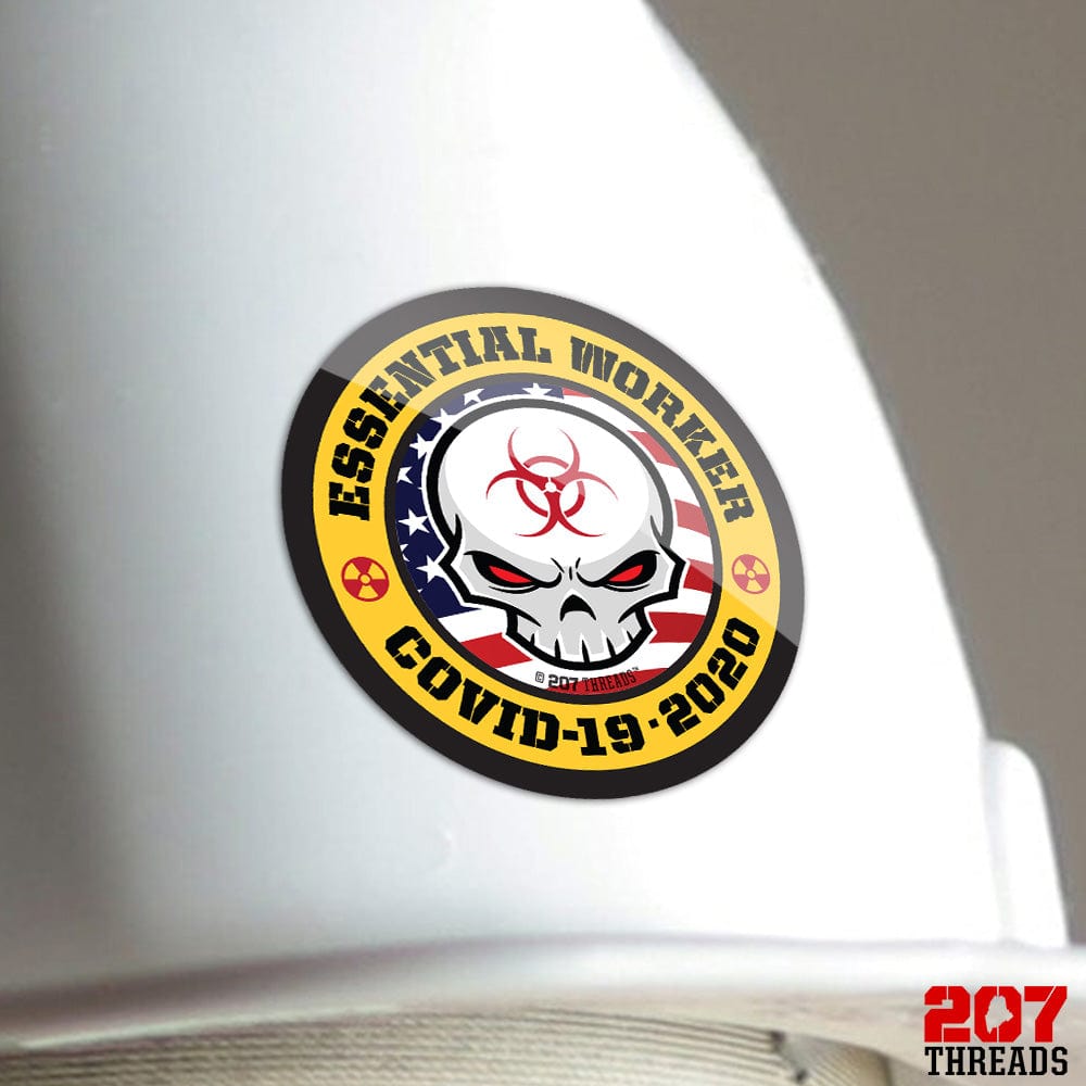 USA Essential Workers Sticker - American Flag & Cool Skull with Pandemic Toxic Waste Symbols - Covid-19 Cornavirus Decals - 207 Threads
