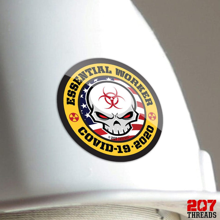 USA Essential Workers Sticker - American Flag & Cool Skull with Pandemic Toxic Waste Symbols - Covid-19 Cornavirus Decals - 207 Threads