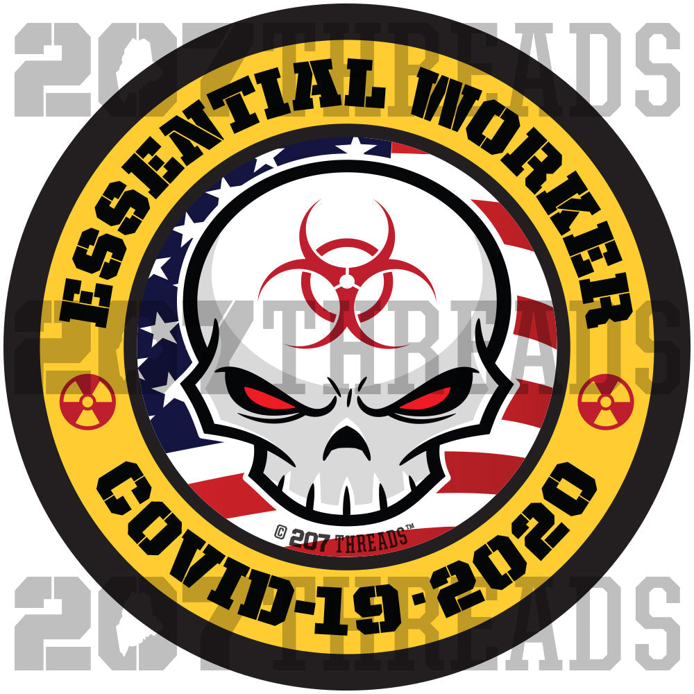 USA Essential Workers Sticker - American Flag & Cool Skull with Pandemic Toxic Waste Symbols - Covid-19 Cornavirus Decals - 207 Threads