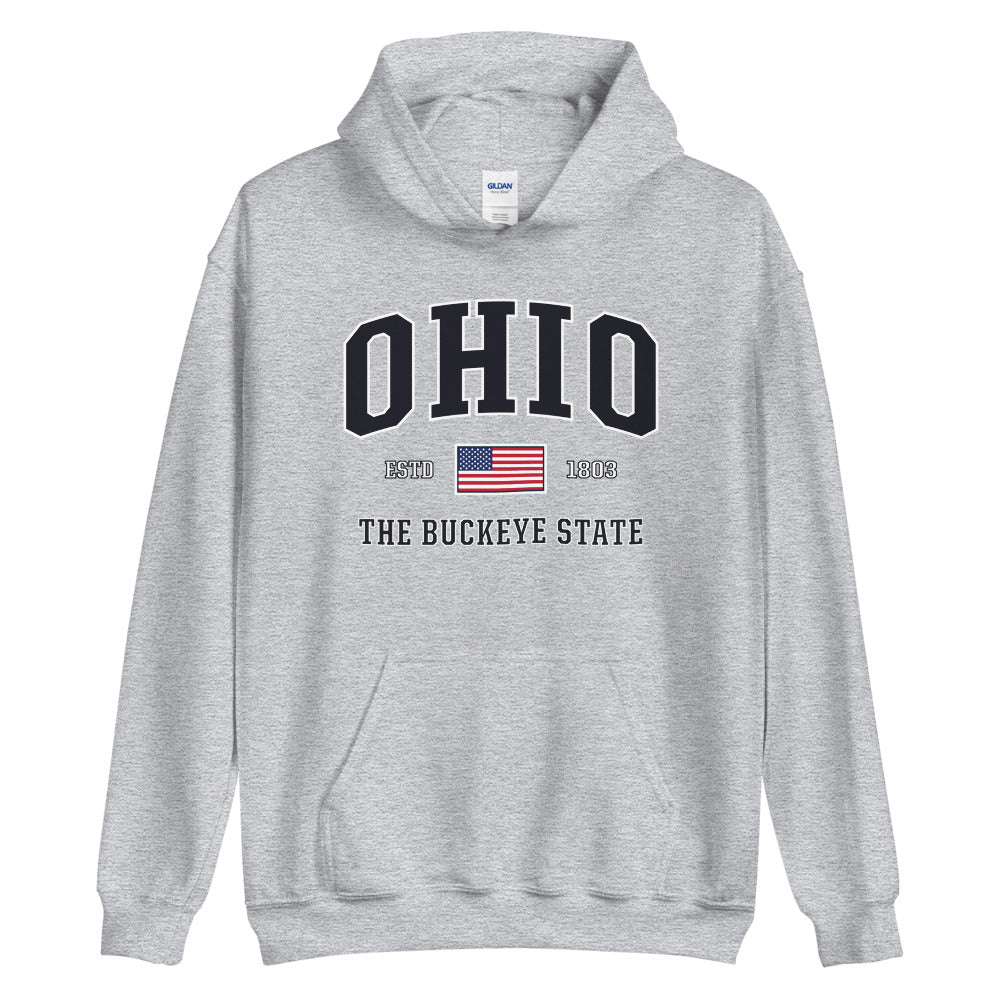 Sport Gray USA Ohio Hoodie Sweatshirt | Patriotic American Flag OH Hooded Sweatshirt